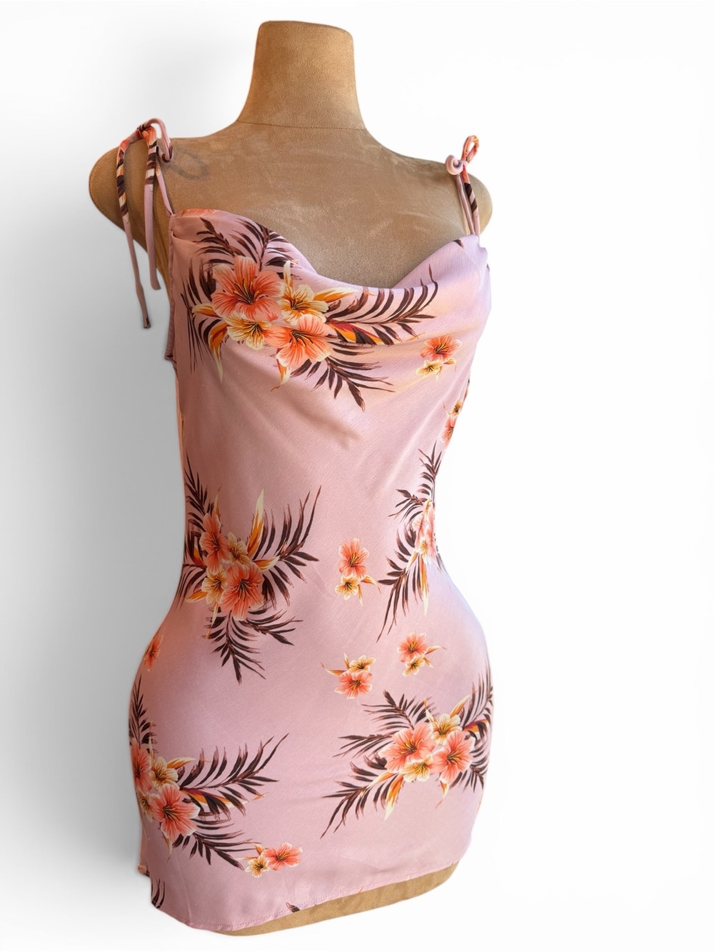 LPA Cowl Mini Slip Dress Tropic Bouquet Pink Floral Satin. - Picture 6 of 11
